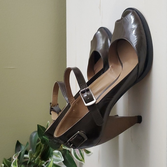 Chloé | Dark Olive Green Patent Leather Peep-toe Heels Sz 37 - Picture 8 of 15